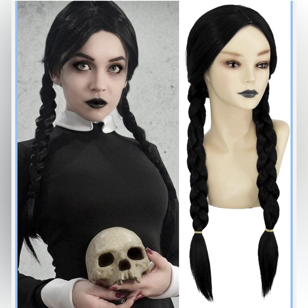 Wednesday Addams Costume Wig Long Braided Black hair